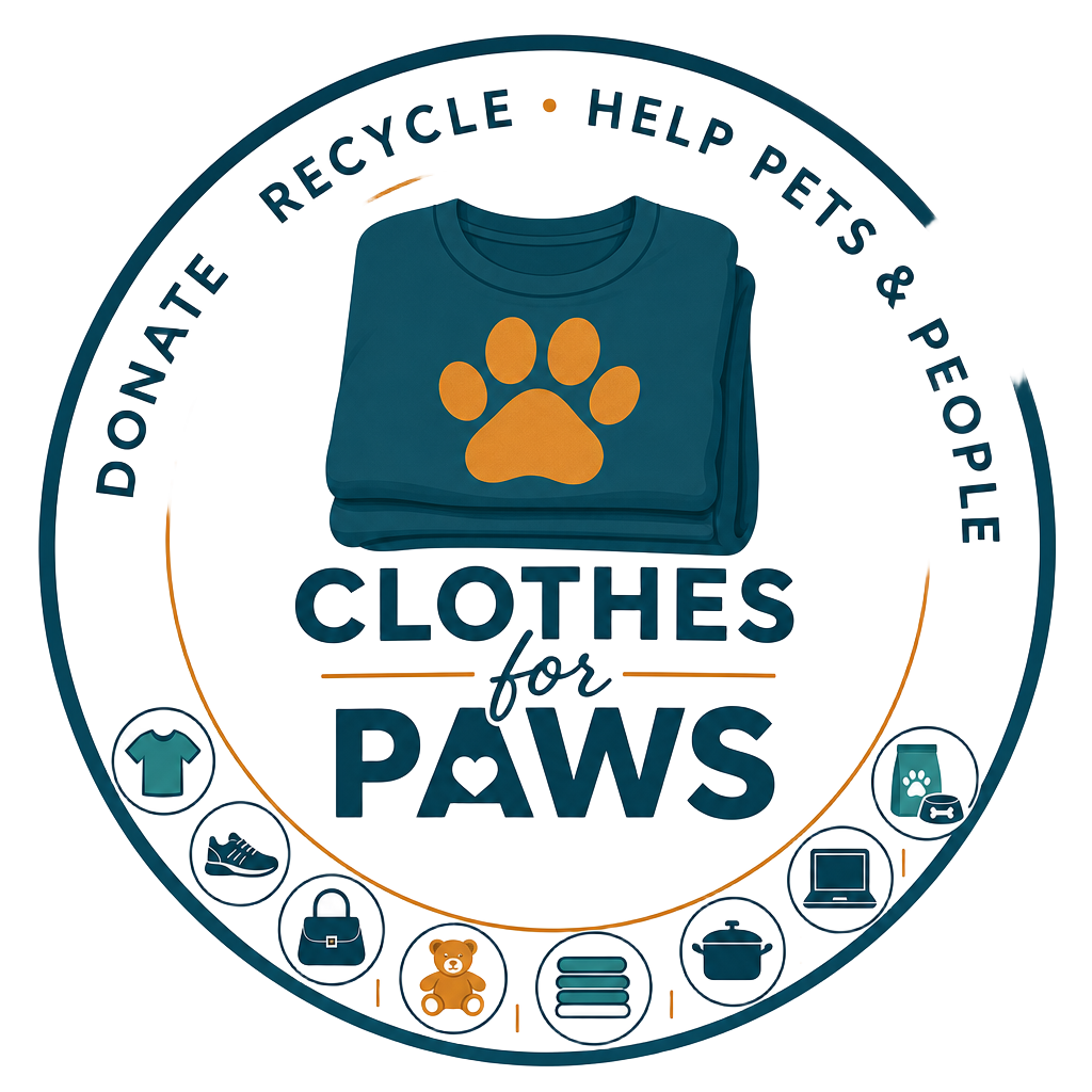 Clothes For Paws donate, recycle, help pets and people badge