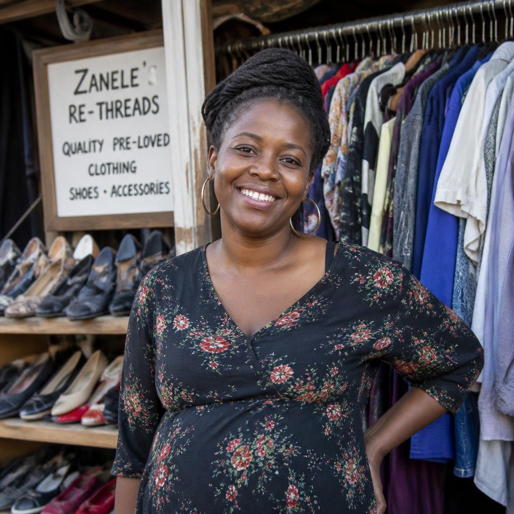 A woman entrepreneur smiling in front of her market stall of second-hand clothing and shoes