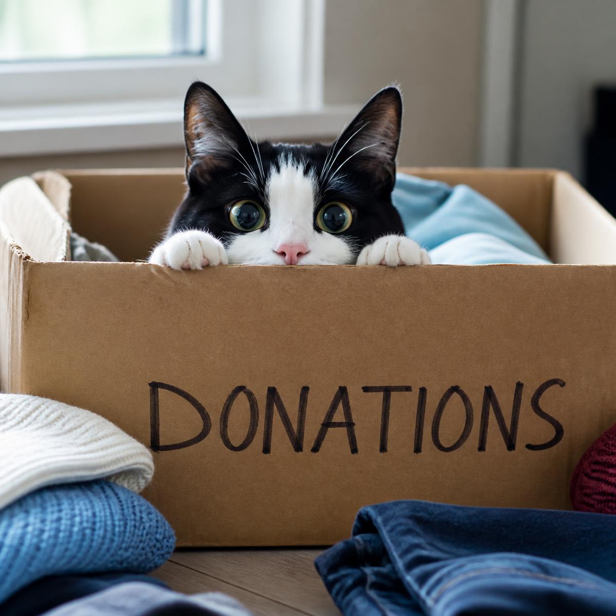 A curious cat peeking out of a donation box