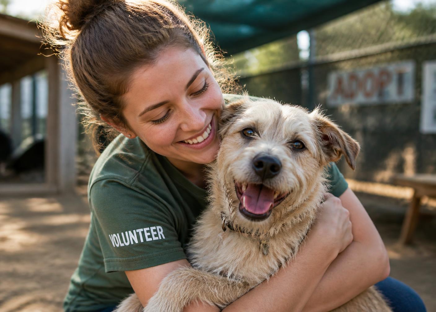 A shelter volunteer hugging a happy rescue dog