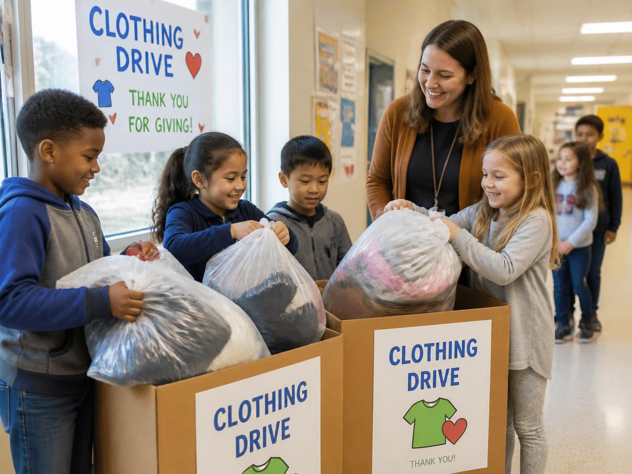 Students holding donated shoes during a school clothing drive